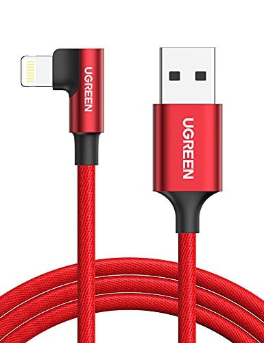 UGREEN Cable Lightning 90 Grados Cable USB a Lightning MFI Certificado, Cable Cargador iPhone 90 Grados Nylon Trenzado Ángulo Recto para iPhone 13 12 11 XS XS MAX XR X 8 7 SE 2020 iPad(1M, Rojo)