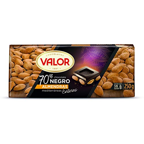 Valor - Chocolate Negro 70% con Almendras Mediterráneas Enteras. Chocolate Valor sin Gluten. Gran calidad e intenso Sabor. Apto para Celiacos - 250 Gramos