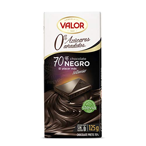 Valor - Chocolate Negro 70% sin Azúcar - Sin Gluten - 0% Azúcares añadidos. Tableta de Chocolate Negro Valor apto para Celiacos y Diabéticos - 125 Gramos