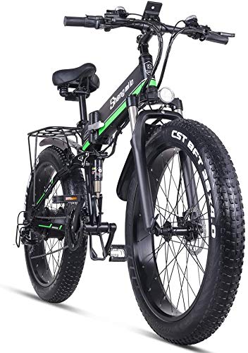 Sheng Milo Beach Bicicleta eléctrica 26 Pulgadas 1000W Crucero Todoterreno Carreras de montaña 21 velocidades 4.0 neumático Gordo Moto de Nieve Doble Amortiguador (Verde)