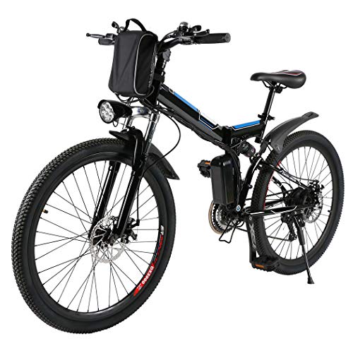 Profun Bicicleta Eléctrica Plegable con Rueda de 26 Pulgadas, Batería de Iones de Litio de Gran Capacidad (36 V 250 W), Suspensión Completa Calidad y Engranaje Shimano (Negro+Azul)