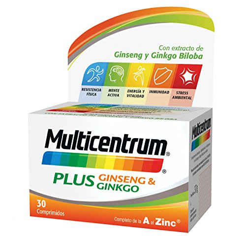 Multicentrum Plus Ginseng & Ginkgo, Complemento Alimenticio Multivitaminas con 13 Vitaminas, 11 Minerales, Ginseng y Ginkgo Biloba, Sin Gluten, 30 Comprimidos