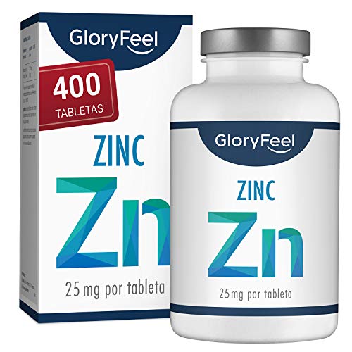 Zinc 25mg 400 Tabletas - Alta dosificación y vegano - 25 mg de Zinc elemental procedente de gluconato de zinc puro para 1 año - Probado en laboratorio sin aditivos