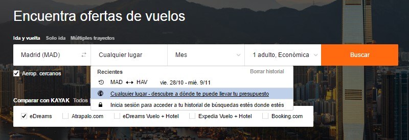 Vuelos a cualquier destino desde Kayak