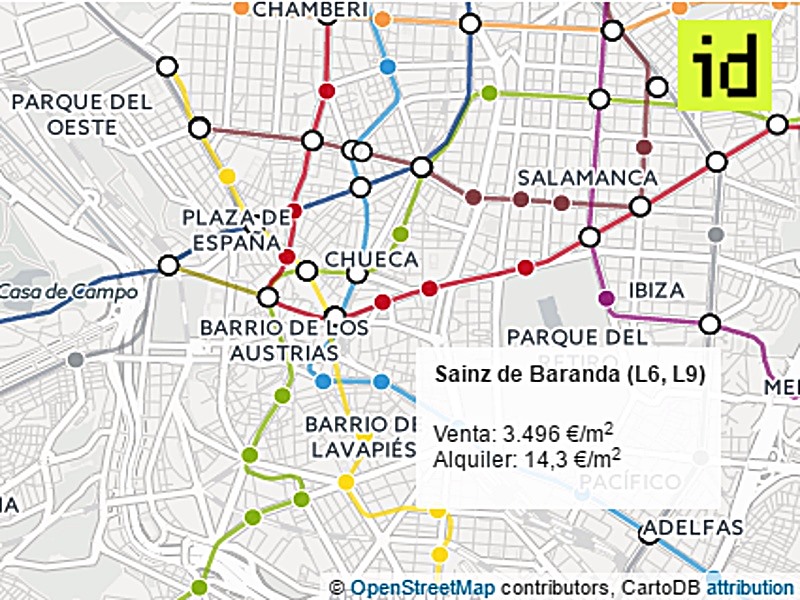Mapa con la estimación de precios por barrios en Madrid de Idealista