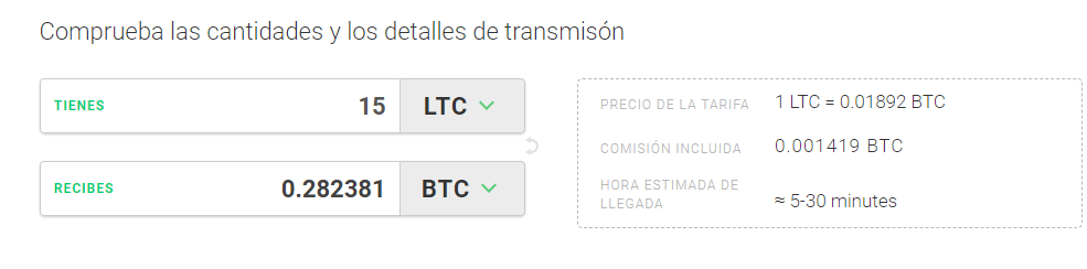 Ejemplo de convertir 15 LTC a BTC